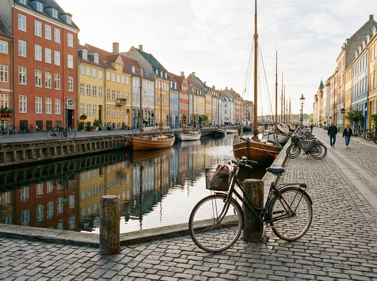 Københavns kanal med cykler i roligt morgenlys