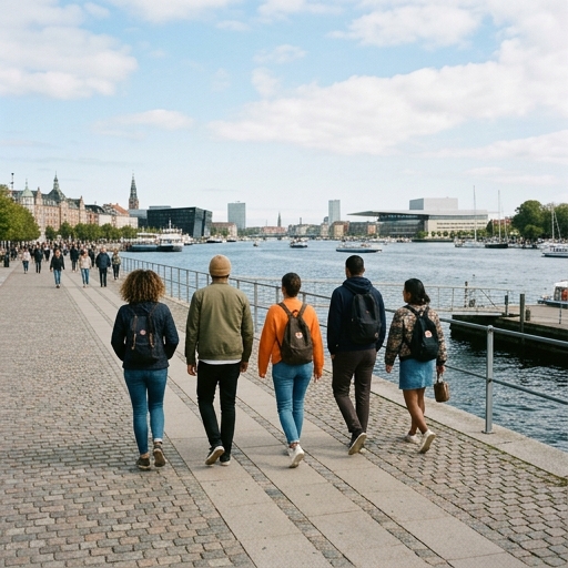 Venner går langs Københavns havn set bagfra
