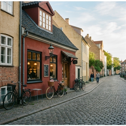 Stille københavnsk bageri set på afstand med cykler